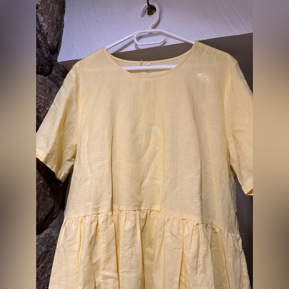 Vintage Handmade Linen Cotton Blend Midi Dress butter Yellow Cottagecore Size L - Picture 4 of 14